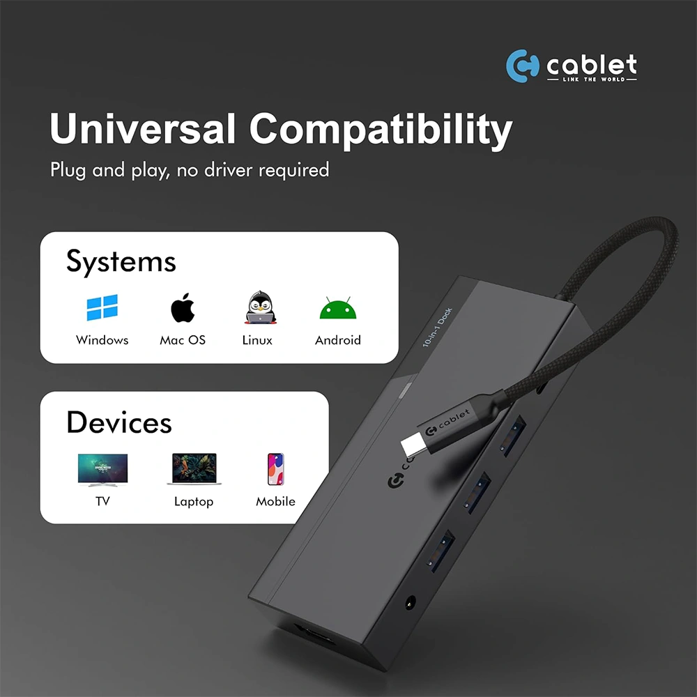 CABLET TYPE-C HUB DOCK 10 IN 1 (USB | HDMI | VGA | LAN | SD | TFT | TYPE-C | AUDIO) view 3